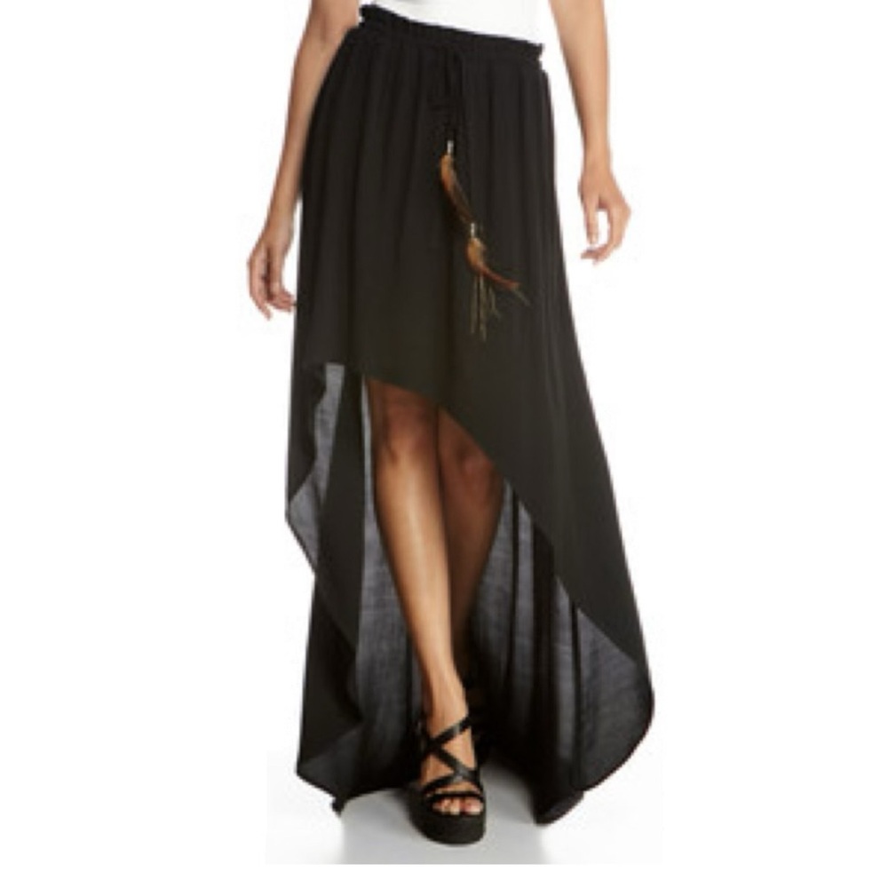 Black High-Low Maxi Skirt with Tassel Detail